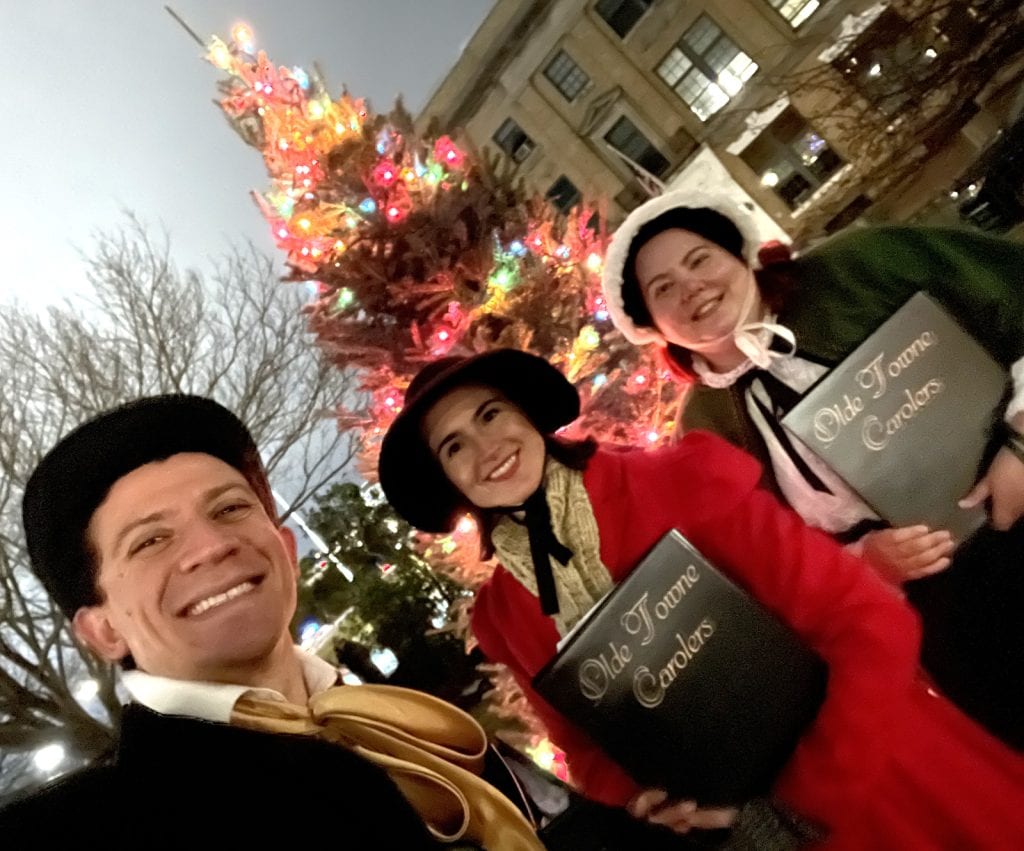 Caroler selfie in City Square Park, Charlestown, MA.