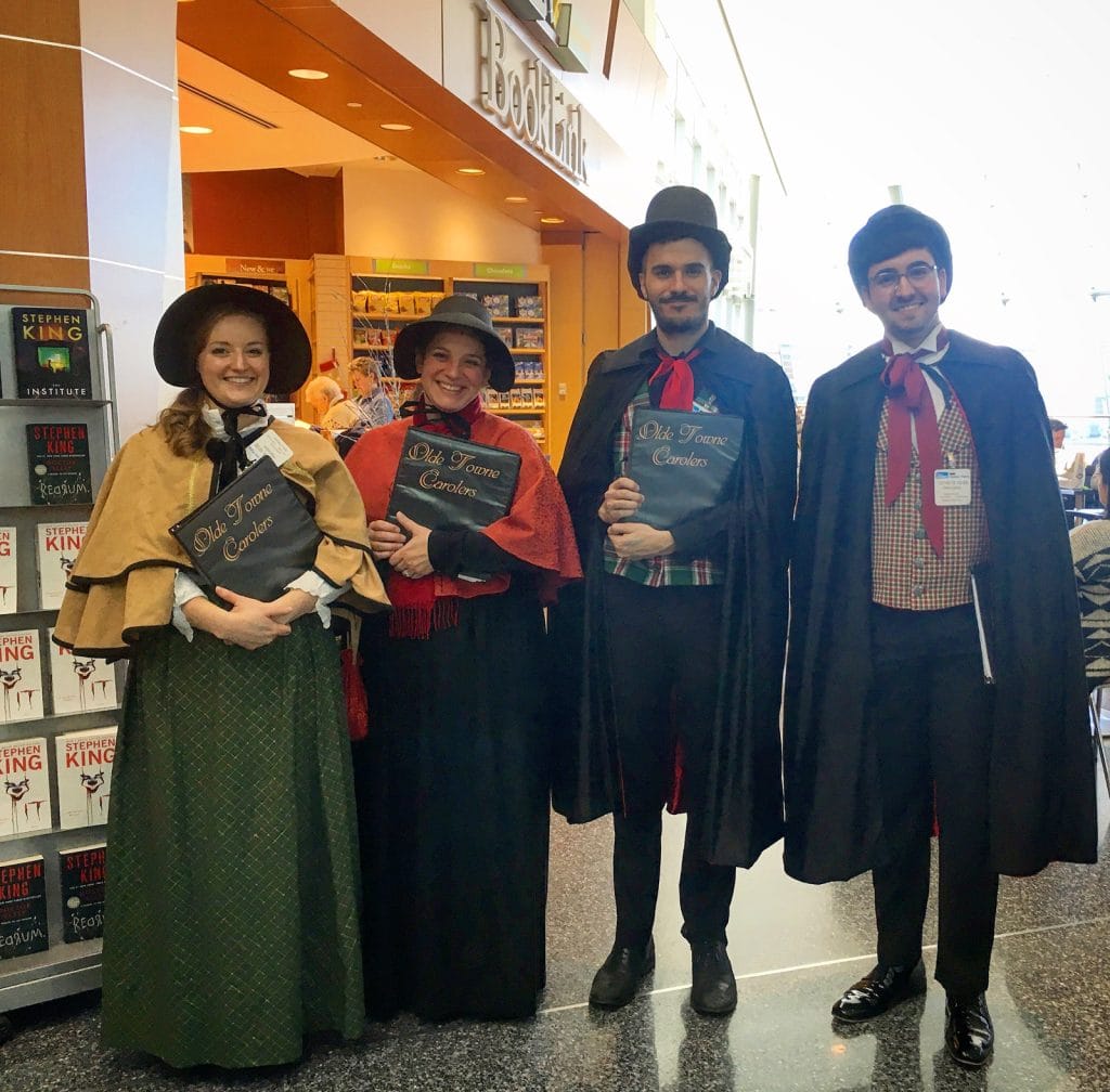 Providing entertainment for weary holiday travelers in Logan Airport.