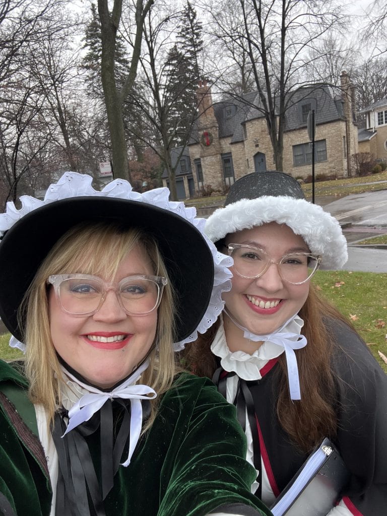 All smiles, delivering a Singing Carol-Gram in suburban Chicago!